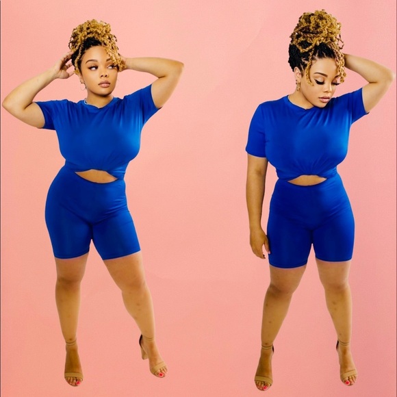 Royal Blue Two Piece Outfit for Women Short Sleeve High Waisted Biker Shorts Set - Picture 2 of 2